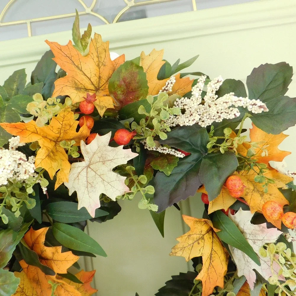 Atrificial Fall Wreath with Autumn Orange hues, Greens, Berries Front Door Decor